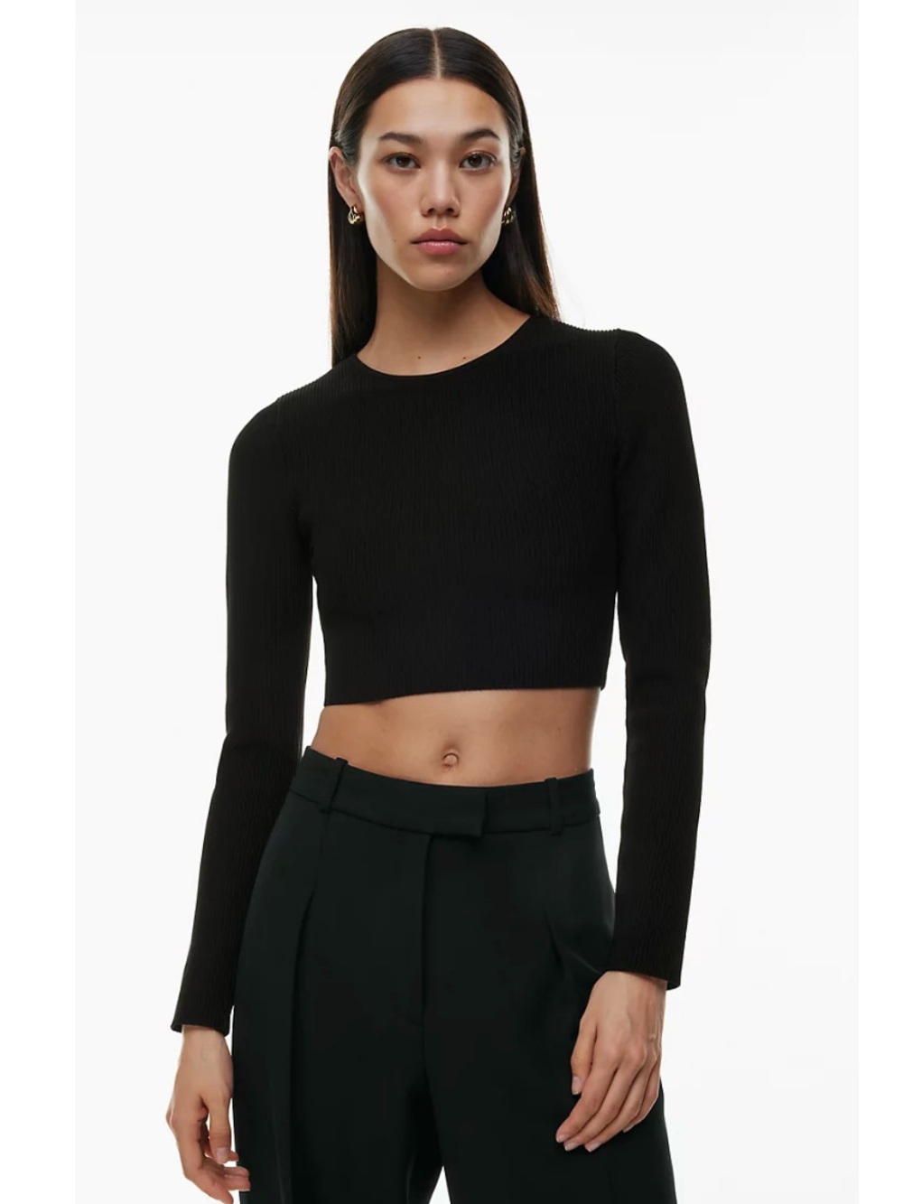 Aritzia Babaton Sculpt Knit Crew Crop Longsleeve in Black Size Medium